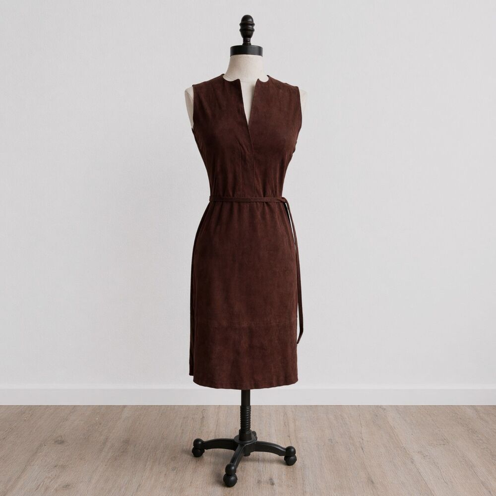 Vince Suede Belted Dress Size 0 Black Truffle Leather Sleeveless Luxe Minimalist